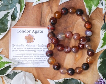 Condor Agate Bracelet / Round Beads 12mm High Grade Quality Genuine Natural Gemstone Stone Beaded Jewelry Men Women Crystal Bead Gem Rock