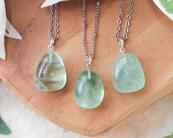 Green Fluorite Pendant Necklace 925 Sterling Silver / Jewelry Gift Box Crystal Card Present Him Her / Real Gemstone Natural Stone Gold Chain