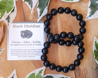 Pulsera de obsidiana negra con cuentas redondas de 12 mm, piedras naturales, elásticas, para hombre y mujer.