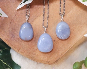 Blue Chalcedony Pendant Necklace 925 Sterling Silver / Jewelry Gift Box Crystal Card Present Him Her Real Gemstone Natural Stone Gold Chain