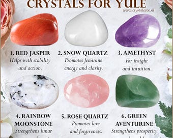Crystals for Yule / Red Jasper Snow Quartz Amethyst Rainbow Moonstone Rose Quartz Green Aventurine / Crystal Set Kit Gift Sabbat Witch