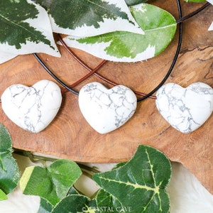 Howlite Heart Pendant Crystal Necklace - Drilled Stone Jewelry Polished Bead Healing Gemstone Smooth - Calming • Memory • Patience