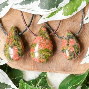Unakite Polished Necklace Pendant - Drilled Stone Jewelery - Teardrop Bead - Gemstone Insight • Against Bad Habits • Release
