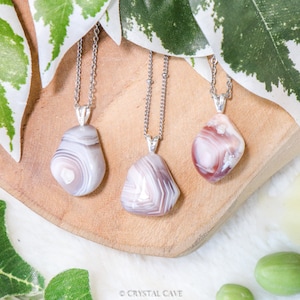 Pink Botswana Agate Pendant Necklace - Sterling Silver 925 Stamped Eye Ring Raw Stone Crystal Jewelry Gemstone Gift Her Him Women Men Chain