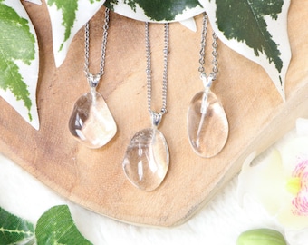 Clear Quartz Pendant Necklace 925 Sterling Silver / Jewelry Gift Box Crystal Card Present for Him Her Real Gemstone Natural Stone Gold Chain