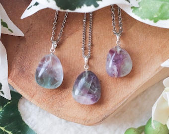 Rainbow Fluorite Pendant Necklace 925 Sterling Silver / Jewelry Gift Box Crystal Card Present Him Her Real Gemstone Natural Stone Gold Chain