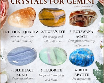 Crystals for Gemini / Citrine Quartz Tiger's Eye Botswana Agate Blue Lace Agate Fluorite Blue Apatite / Birthday Zodiac Gift Crystal Set Kit