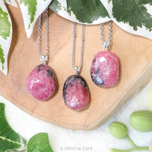 Rhodonite Pendant Necklace Sterling Silver 925 Stamped Eye Ring Raw Stone Crystal Jewelry Gemstone Gift for Her Him Women Men Cord Chain