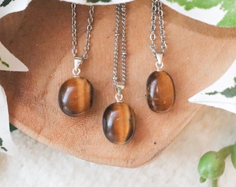 Tiger's Eye Pendant Necklace 925 Sterling Silver / Jewelry Gift Box Crystal Card Present for Him Her Real Gemstone Natural Stone Gold Chain