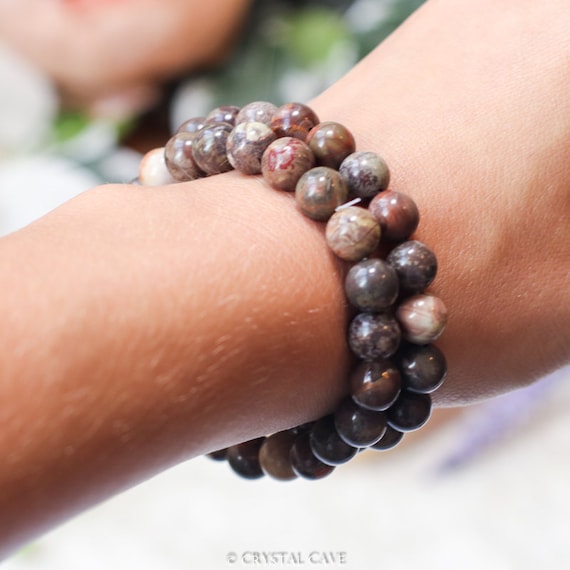 Bracciale In Diaspro Pietra Naturale 8mm | Elastico Regolabile 16-19cm | Gioiello Donna Unico Con Sacchetto In Velluto