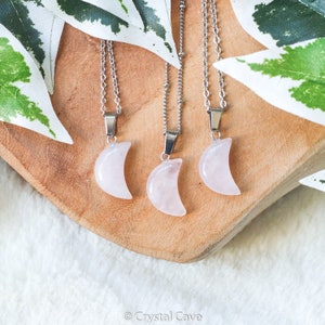 Rose Quartz Crescent Moon Pendant Necklace - Plated Ring Stone Crystal Jewelry Gemstone Gift Her Him Rock Women Men Chain Couple Lovers Cute