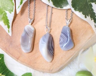 Botswana Agate Pendant Necklace 925 Sterling Silver / Jewelry Gift Box Crystal Card Present Him Her / Real Gemstone Natural Stone Gold Chain