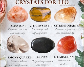 Crystals for Leo / Sunstone Tiger's Eye Citrine Quartz Smoky Quartz Onyx Carnelian / Birthday Zodiac Sign Gift Crystal Set Kit Astrology