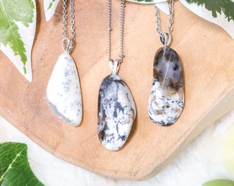 Dendritic Opal Pendant Necklace 925 Sterling Silver / Jewelry Gift Box Crystal Card Present Him Her / Real Gemstone Natural Stone Gold Chain