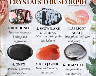 Crystals for Scorpio / Rhodonite Snowflake Obsidian Apricot Agate Onyx Red Jasper Hematite / Birthday Zodiac Gift Crystal Set Kit Astrology
