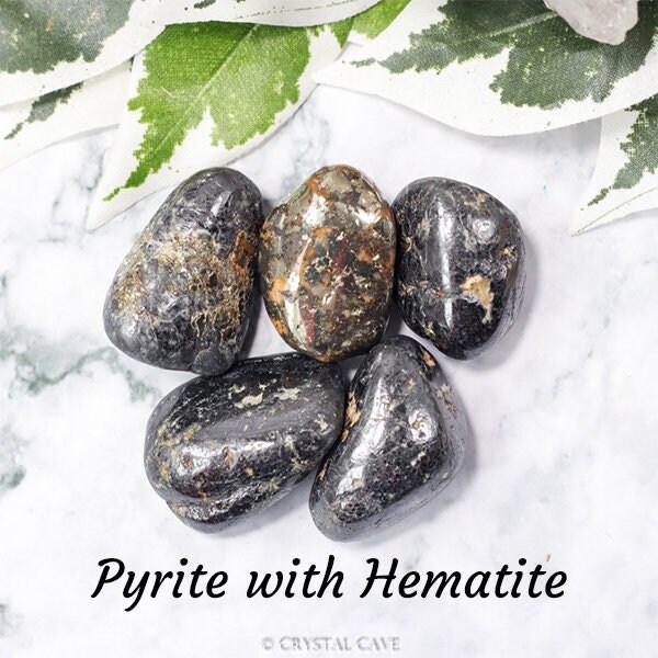 Pyrite with Hematite Crystal - Tumbled Stone Polished Gemstone / Balance Self-Control / Smooth Pebble Round Rock Mineral EMF Protection