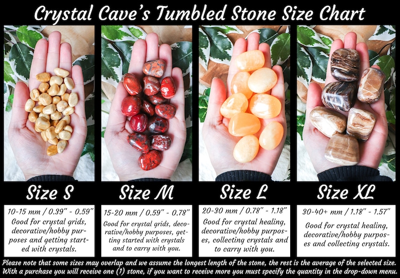 May include: Chart showing four different sizes of tumbled stones, with a hand holding a sample of each size. The sizes are labeled "Size S", "Size M", "Size L", and "Size XL". Each size is described with a range of millimeters and inches, and a description of the stone's uses.
