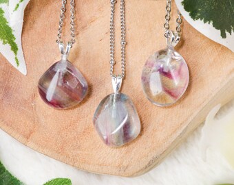 Rainbow Fluorite Pendant Necklace 925 Sterling Silver / Jewelry Gift Box Crystal Card Present Him Her Real Gemstone Natural Stone Gold Chain