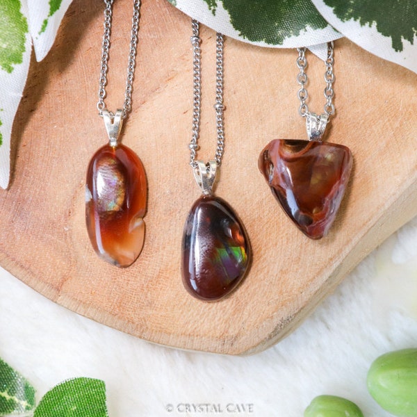 Fire Agate Pendant Necklace - Sterling Silver 925 Stamped Eye Ring Raw Stone Crystal Jewelry Gemstone Gift for Her Him Women Men Cord Chain