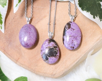 Stichtite Pendant Necklace 925 Sterling Silver / Jewelry Gift Box Crystal Card Present for Him Her / Real Gemstone Natural Stone Gold Chain