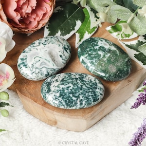 Può includere: Tre pietre di agata verde e bianca levigate su una superficie di legno. Le pietre sono lisce e levigate, con una varietà di motivi verdi e bianchi.
