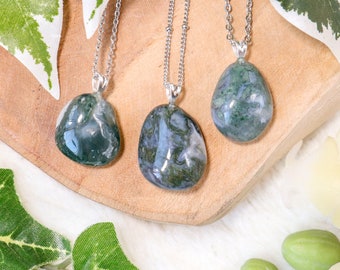 Moss Agate Pendant Necklace 925 Sterling Silver / Jewelry Gift Box Crystal Card Present for Him Her / Real Gemstone Natural Stone Gold Chain