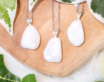White Barite Pendant Necklace 925 Sterling Silver / Jewelry Gift Box Crystal Card Present for Him Her Real Gemstone Natural Stone Gold Chain