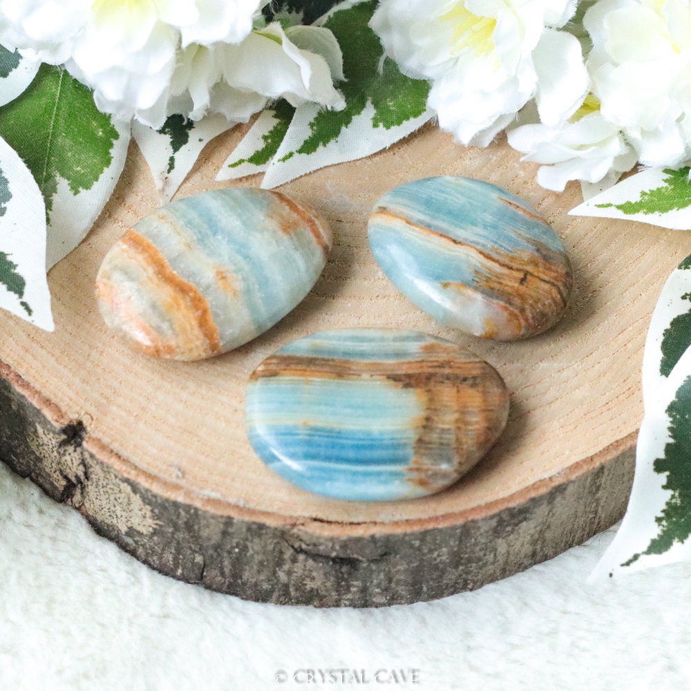 Lemurian Aquatine Calcite Pocket Stone Palm Stone Hand Stone Cabochon Natural Polished Crystal Gemstone Flat Cuddle Tumbled Gem Worry Thumb