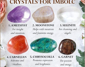 Crystals for Imbolc / Amethyst Moonstone Selenite Carnelian Chrysocolla Garnet / Wheel of the Year Crystal Set Kit Gift Sabbat Witch Spell