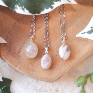 Flower Agate Silver Pendant - Sterling Silver 925 Necklace Ring Stone Crystal Jewelry Genuine Natural Gemstone Gift Her Him Women Men Chain