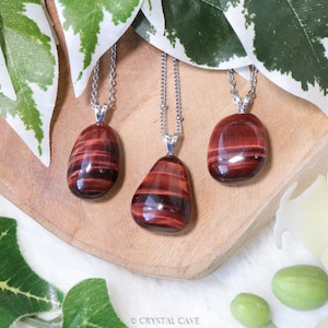Red Tiger&#39;s Eye Pendant Necklace Sterling Silver - 925 Stamped Ring Raw Stone Crystal Jewelry Gemstone Gift Her Him Women Men Cord Chain