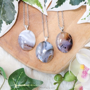Dendritic Agate Pendant Necklace Sterling Silver 925 Stamped Eye Ring Raw Stone Crystal Jewelry Gemstone Smooth Gift Her Him Women Men Chain