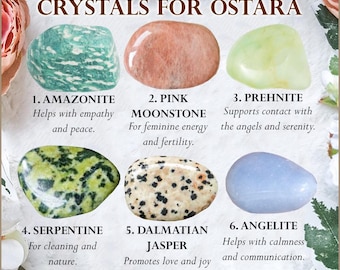 Crystals for Ostara / Amazonite Pink Moonstone Prehnite Serpentine Dalmatian Jasper Angelite / Crystal Set Kit Gift Sabbat Witch Druid