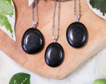 Shungite Pendant Necklace 925 Sterling Silver / Jewelry Gift Box Crystal Card Present for Him Her / Real Gemstone Natural Stone Gold Chain