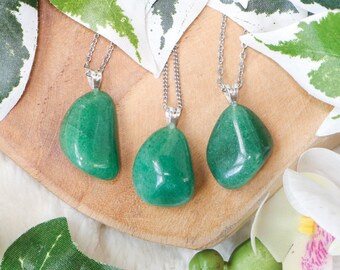 Green Aventurine Pendant Necklace 925 Sterling Silver / Jewelry Gift Box Crystal Card Present Him Her Real Gemstone Natural Stone Gold Chain