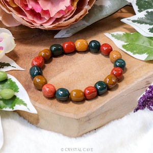 Heliotrope Caramel Red Jasper Tumbled Stone Bracelet / Barock Round Smooth Beads Genuine Gemstone Stretchy Carved Jewelry Men Women Gift