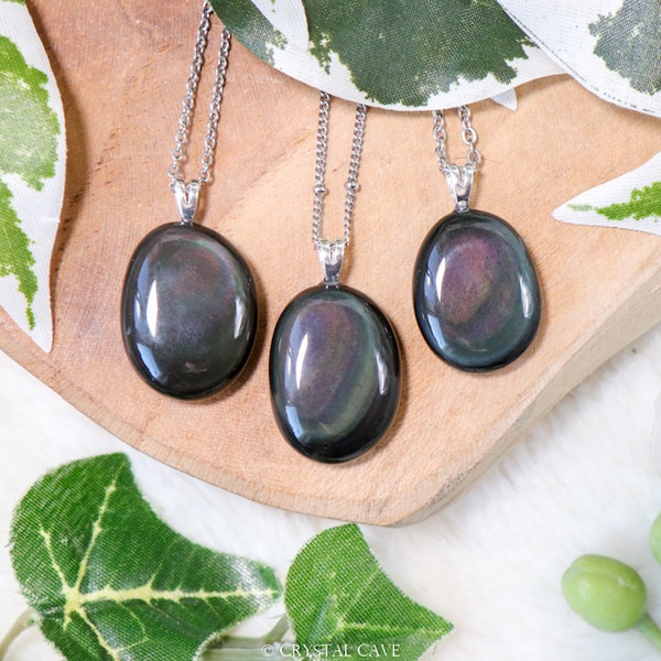 Rainbow Obsidian Pendant Necklace 925 Sterling Silver / Jewelry Gift Box Crystal Card Present Him Her Real Gemstone Natural Stone Gold Chain