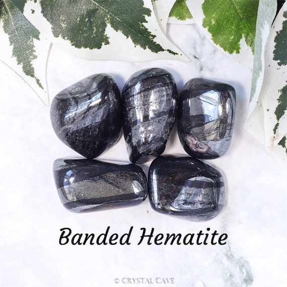 Banded Hematite Crystal Tumbled Polished Gemstone / Stability True Self  Grounding / Smooth Pebble Round Pebble Striped Specularite 