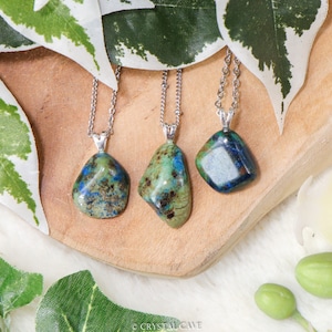 Azurite Malachite Pendant Necklace Sterling Silver - 925 Stamped Eye Ring Raw Stone Crystal Jewelry Gemstone Gift Her Him Women Men Chain