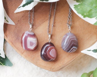 Botswana Agate Pendant Necklace 925 Sterling Silver / Jewelry Gift Box Crystal Card Present Him Her / Real Gemstone Natural Stone Gold Chain