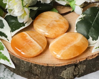 Orange Calcite Pocket Stone - Palm Hand Cabochon Natural Polished Crystal Gemstone Flat Tumbled Healing Gem Worry Slab Tumble Rock Mexico