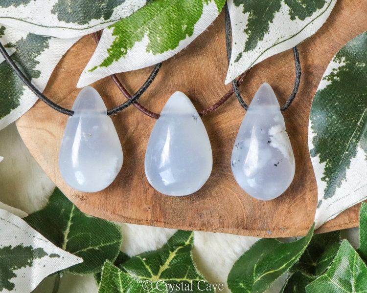 Blue Chalcedony Polished Necklace Pendant - Drilled Stone Jewelery - Minimalist Teardrop Rock Bead - Gemstone Calm • Communication • Balance
