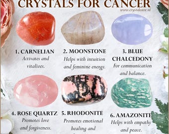 Crystals for Cancer Zodiac Sign / Carnelian Moonstone Blue Chalcedony Rose Quartz Rhodonite Amazonite / Birthday Gift Crystal Set Kit