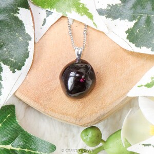 May include: A black gemstone pendant necklace with a silver chain. The gemstone is round and has a small red inclusion in the center.