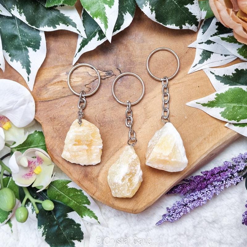Raw Yellow Calcite Point Keychain / Rough Stone Keyring Lanyard