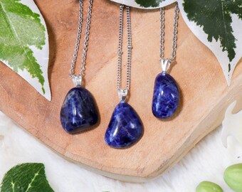Sodalite Pendant Necklace 925 Sterling Silver / Jewelry Gift Box Crystal Card Present for Him Her / Real Gemstone Natural Stone Gold Chain