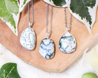 Tree Agate Pendant Necklace 925 Sterling Silver / Jewelry Gift Box Crystal Card Present for Him Her / Real Gemstone Natural Stone Gold Chain