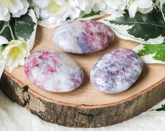 Rubellite Lepidolite in Feldspar Pocket Stone - Palm Unicorn Stone Hand Cabochon Natural Polished Crystal Gemstone Flat Disk Tumbled Worry