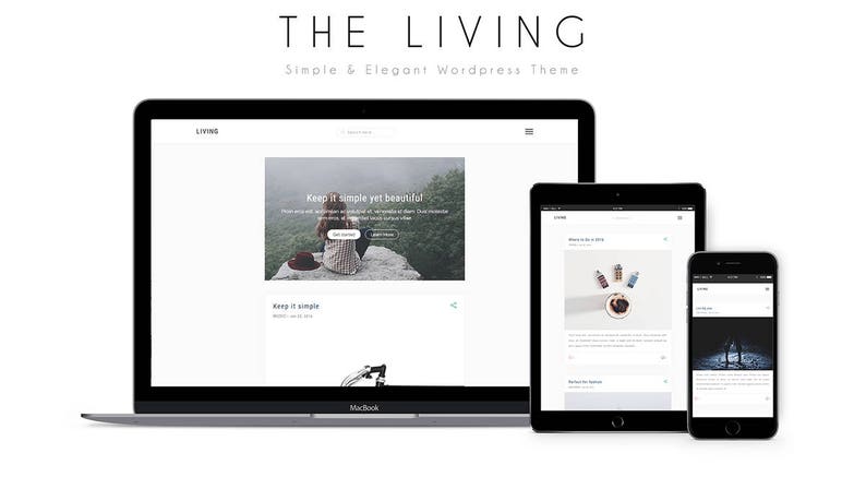 Puede incluir: Una captura de pantalla de un sitio web para un tema de WordPress llamado "The Living". El sitio web est&aacute; dise&ntilde;ado para ser simple y elegante. El sitio web presenta a una mujer sentada en una roca en un bosque brumoso. El texto "Keep it simple yet beautiful!" se muestra en el sitio web.