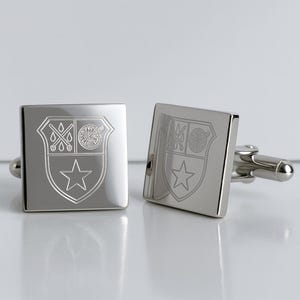 Custom Coat of Arms Cufflinks – Personalized Family Crest Engraving • Silver Square Cuff Links • Heritage Gift for Him